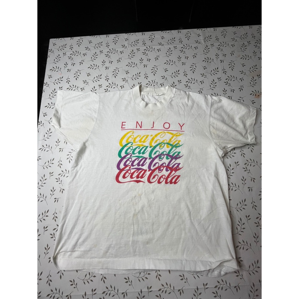 Vintage Coca-Cola Rainbow Logo Graphic T-Shirt White Large Enjoy Coke Retro Tee